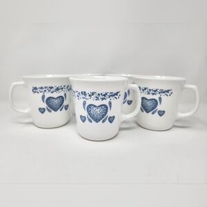 Vintage Corning Blue Sponge Painted Heart Mugs Set Of 5